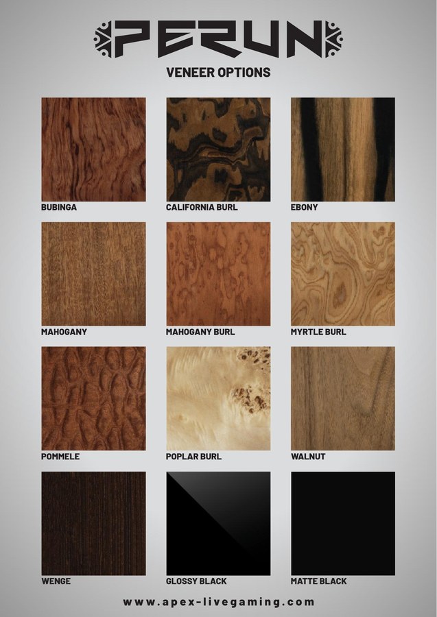 Perun veneer options sheet showing twelve finishes: Bubinga, California Burl, Ebony, Mahogany, Mahogany Burl, Myrtle Burl, Pommele, Poplar Burl, Walnut, Wenge, Glossy Black and Matte Black